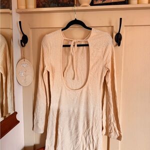 Cream Knit Long Sleeve Tie-Back Dress